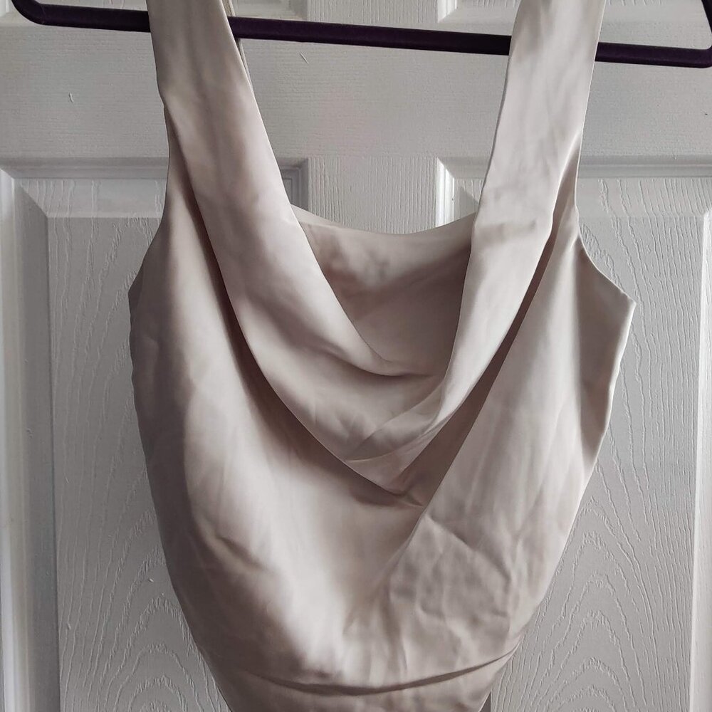 NWOT Beige XS Rachel Zoe Women Sleeveless Draped Cowl Neck Smocked Crop Top